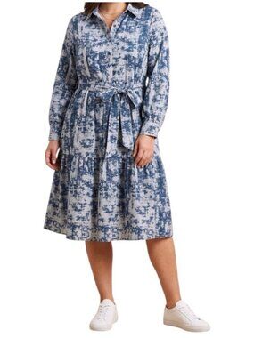 House of Lancry Blue Abstract Print Belted Ruffle Long Sleeved Dress Size Large